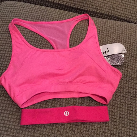 Kyodan pink sports bra and lululemon headband.